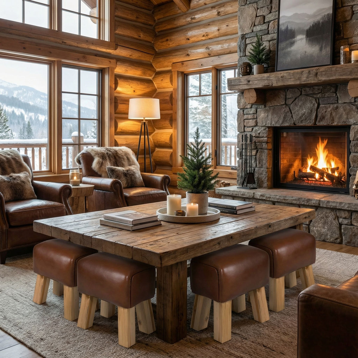 Bare Decor Gorgie Accent Stool in Brown Genuine Leather with Teak Legs