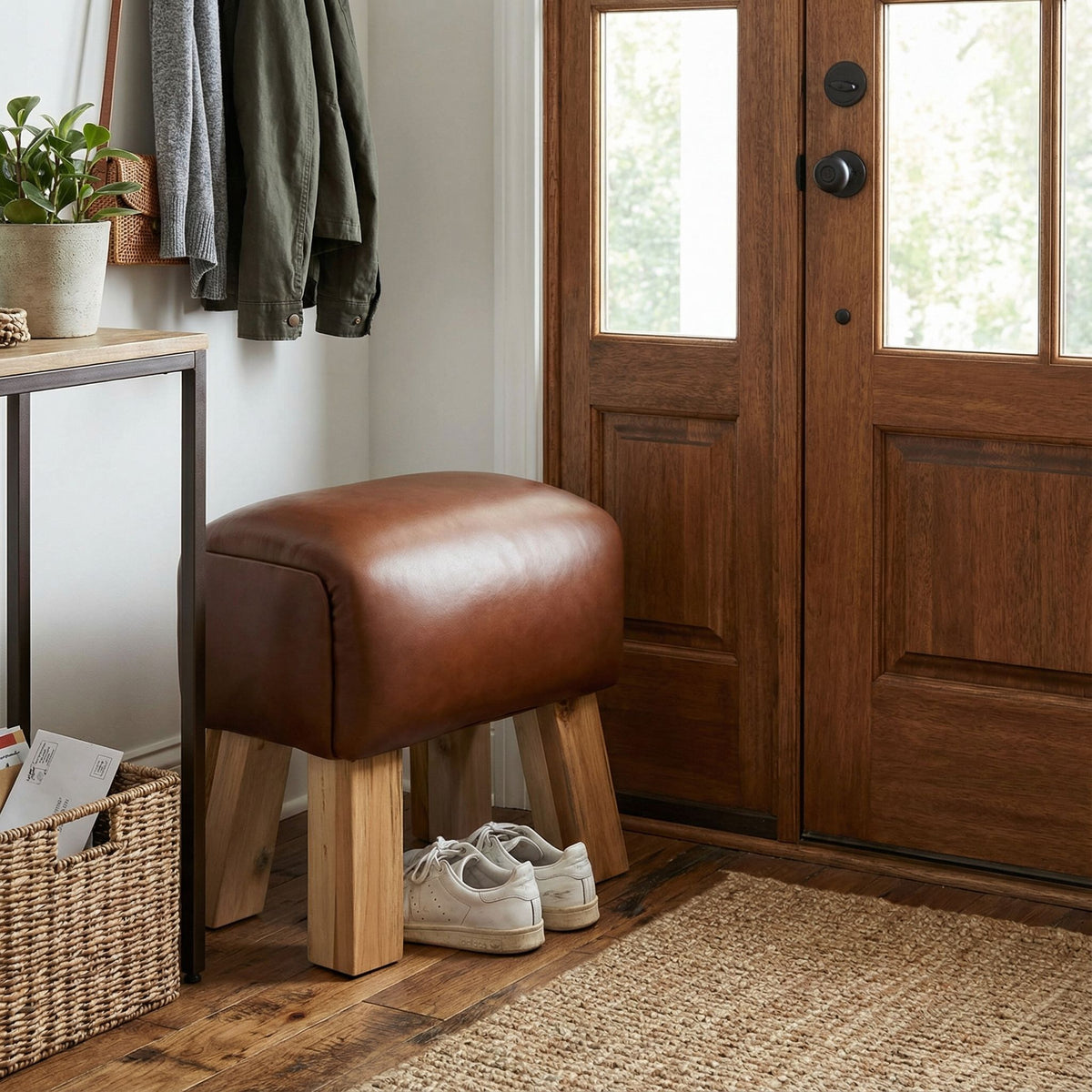 Bare Decor Gorgie Accent Stool in Brown Genuine Leather with Teak Legs