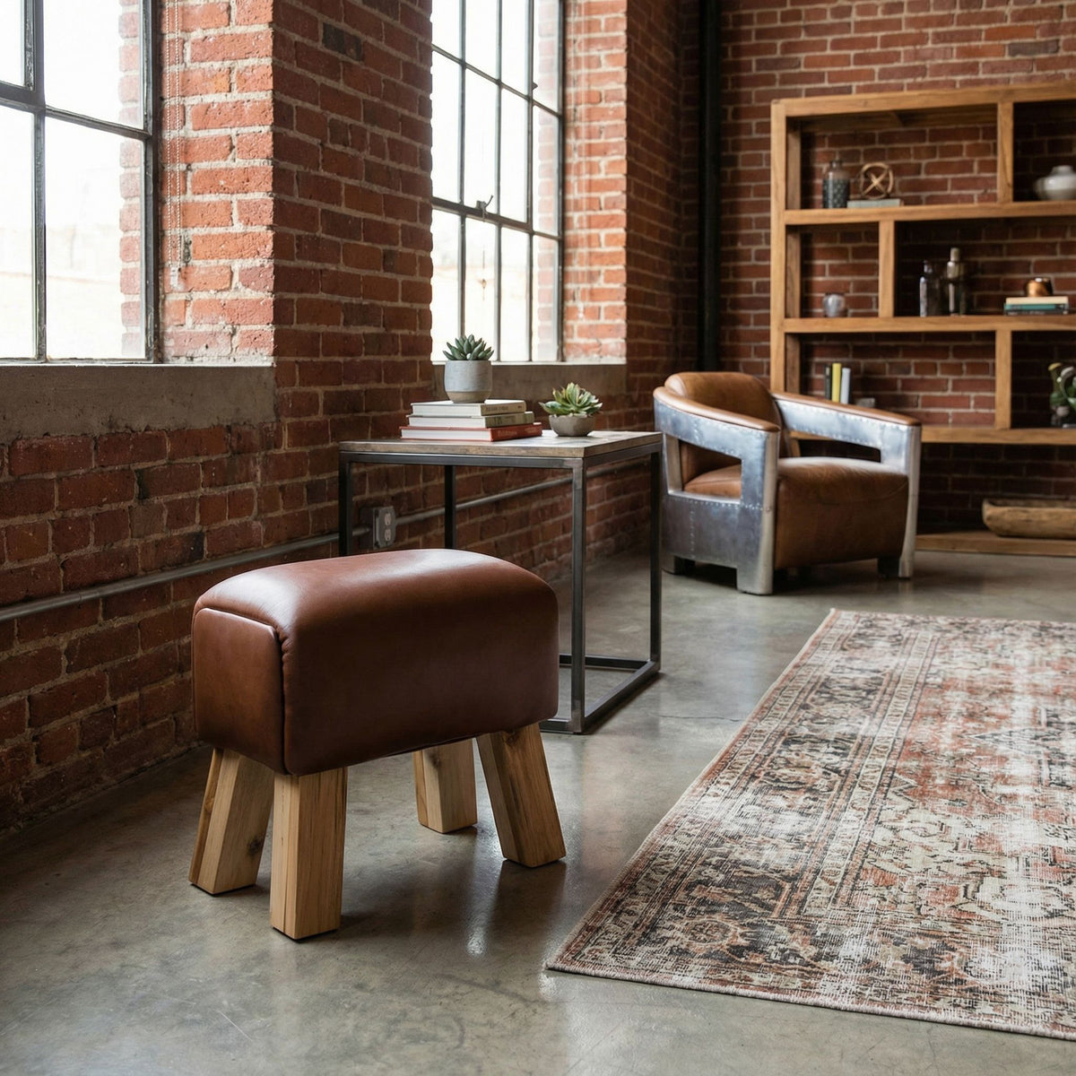 Bare Decor Gorgie Accent Stool in Brown Genuine Leather with Teak Legs