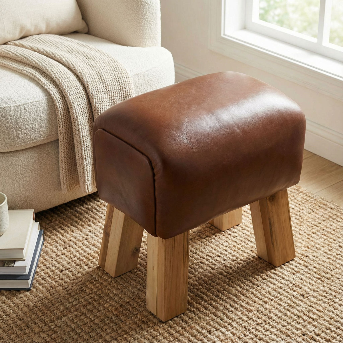 Bare Decor Gorgie Accent Stool in Brown Genuine Leather with Teak Legs