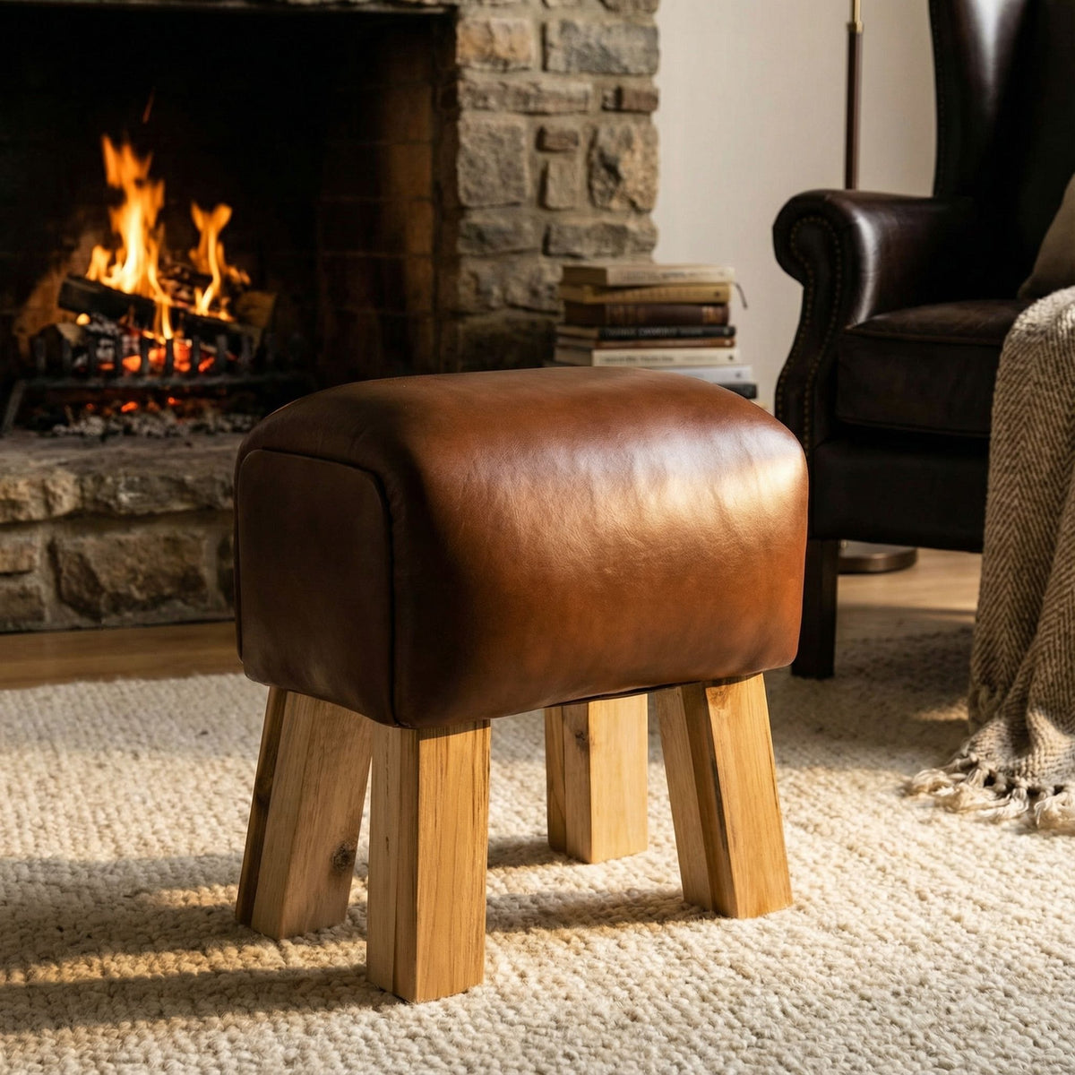 Bare Decor Gorgie Accent Stool in Brown Genuine Leather with Teak Legs