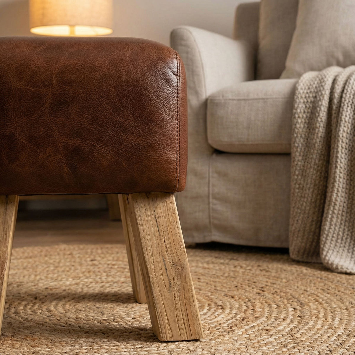 Bare Decor Gorgie Accent Stool in Brown Genuine Leather with Teak Legs