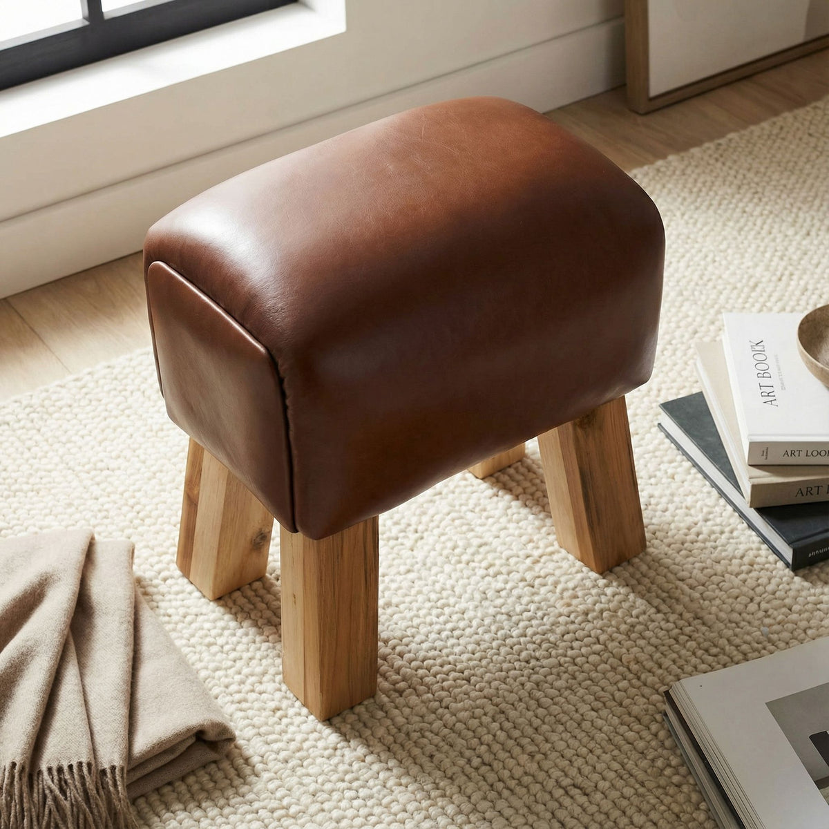 Bare Decor Gorgie Accent Stool in Brown Genuine Leather with Teak Legs