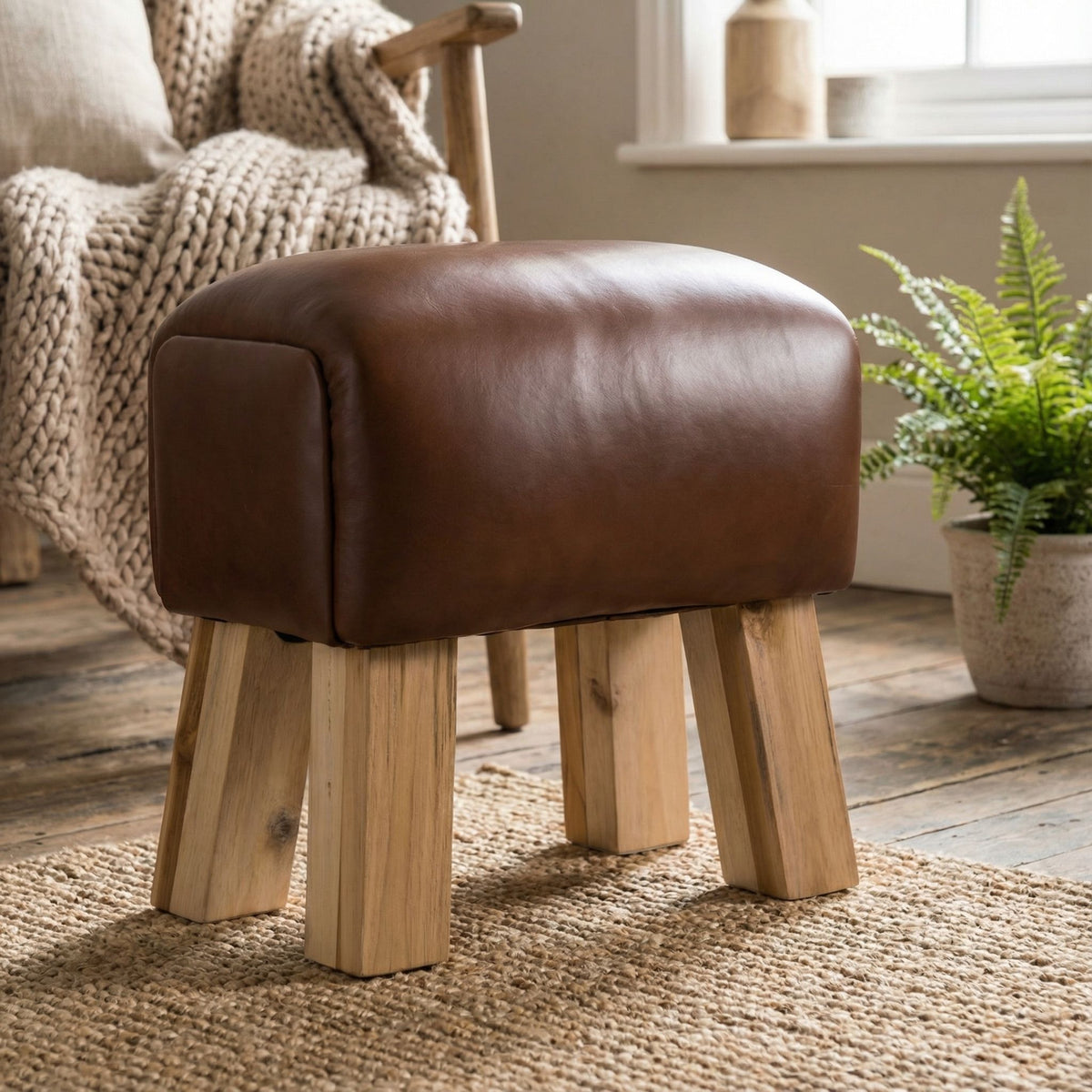 Bare Decor Gorgie Accent Stool in Brown Genuine Leather with Teak Legs