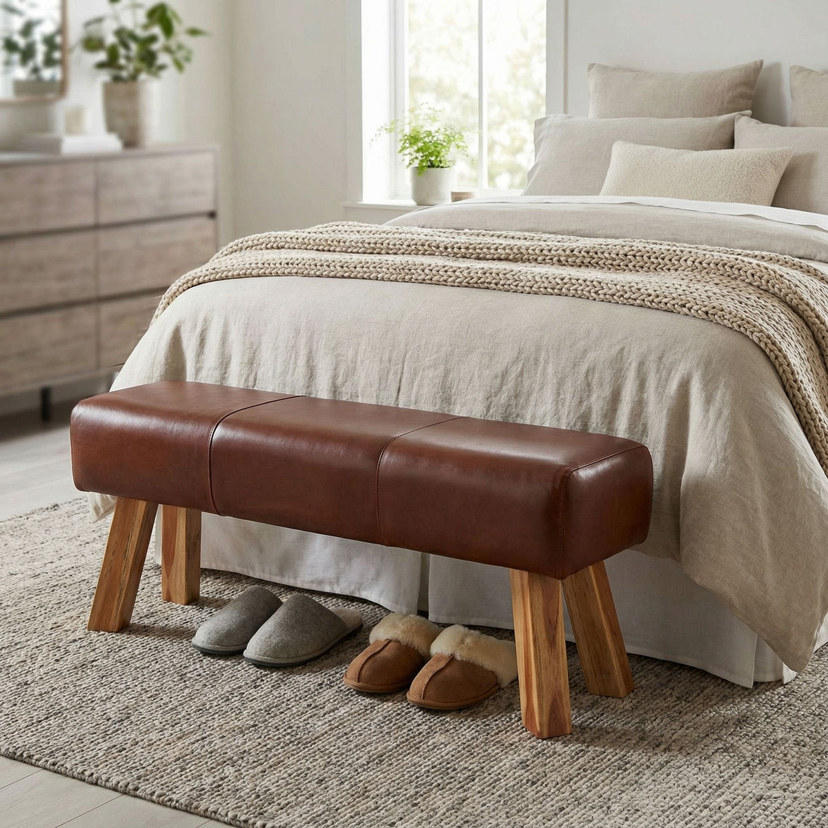 Bare Decor Lika Bench Ottoman Genuine 100% Leather, Brown