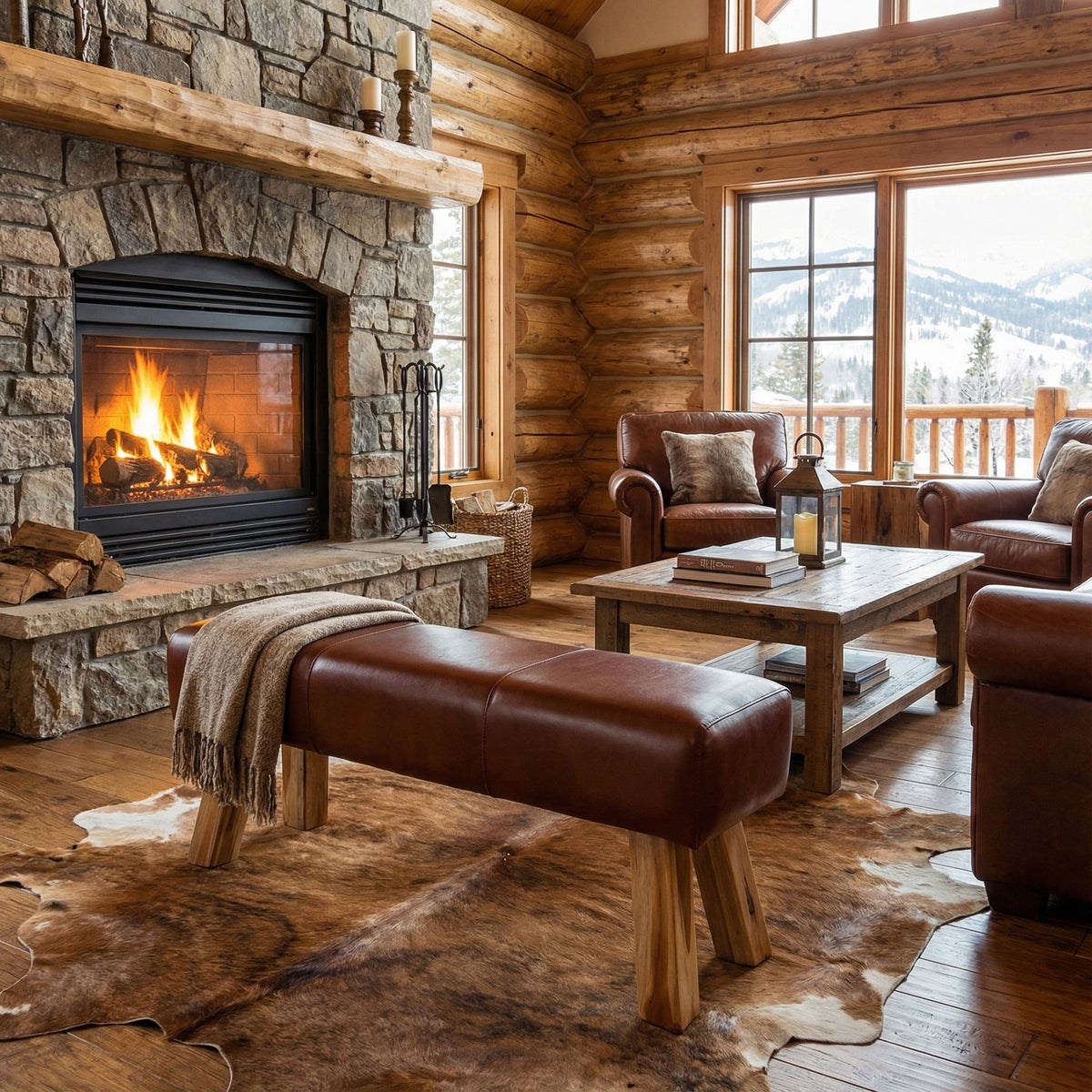 Bare Decor Lika Bench Ottoman Genuine 100% Leather, Brown