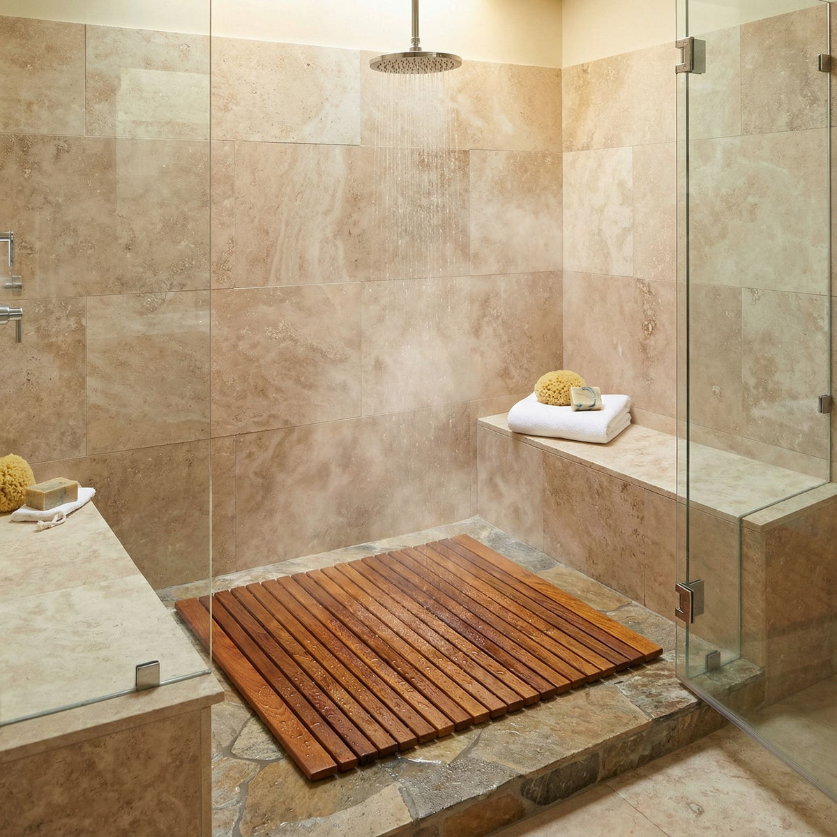 Bare Decor Lykos String Spa Shower Mat in Solid Teak Wood Oiled Finish, Large: 24"x24"