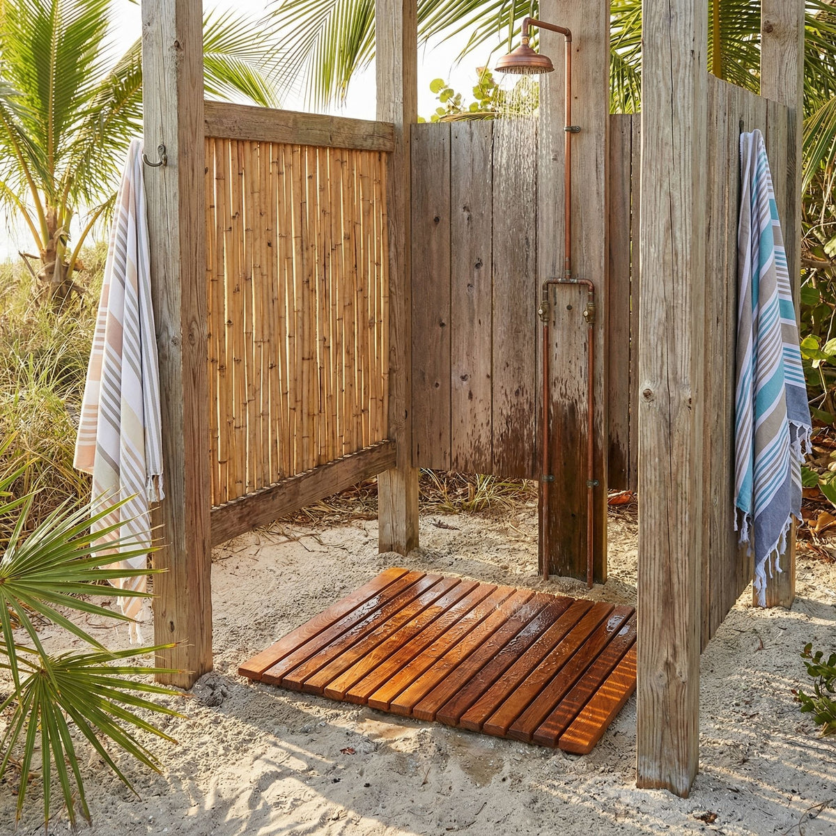 Bare Decor Lykos String Spa Shower Mat in Solid Teak Wood Oiled Finish, Large: 24"x24"