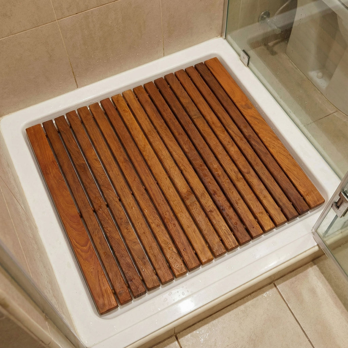 Bare Decor Lykos String Spa Shower Mat in Solid Teak Wood Oiled Finish, Large: 24"x24"