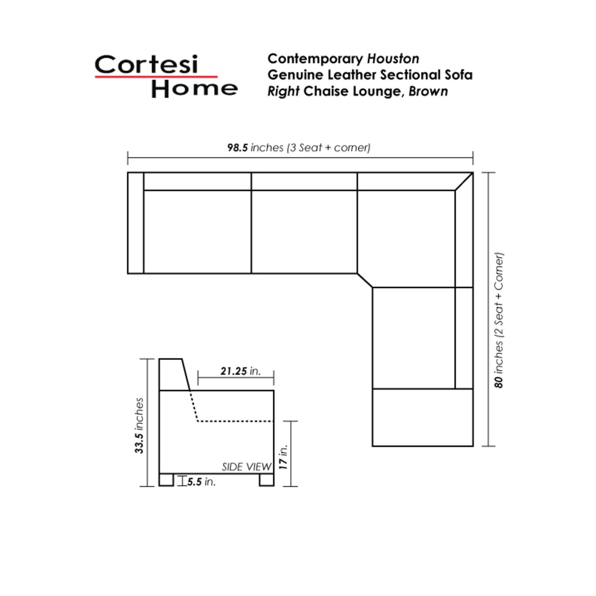 Cortesi Home Contemporary Houston Genuine Leather Sectional Sofa with Right Side Facing Chaise Lounge, Brown 98"x80"