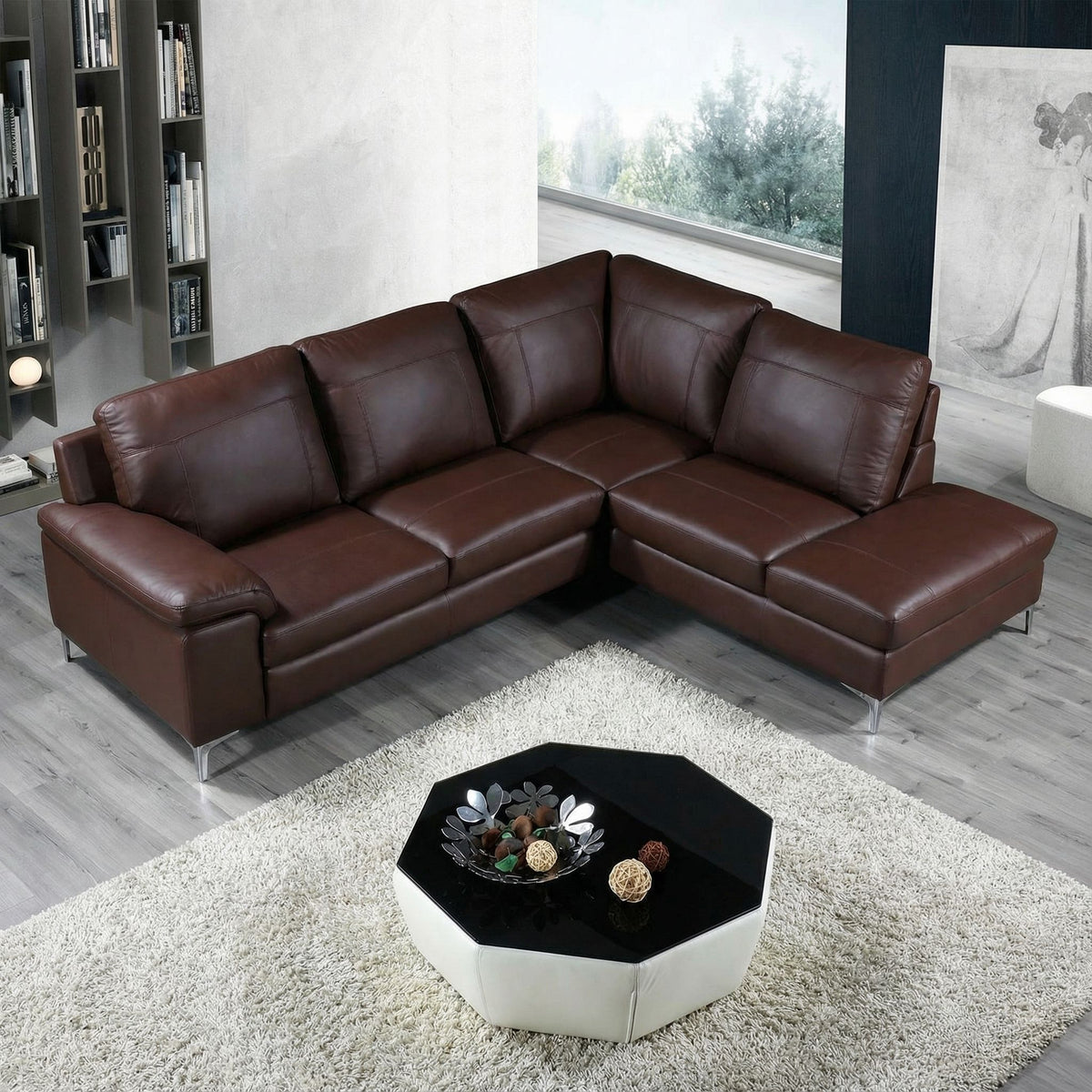 Cortesi Home Contemporary Houston Genuine Leather Sectional Sofa with Right Side Facing Chaise Lounge, Brown 98"x80"