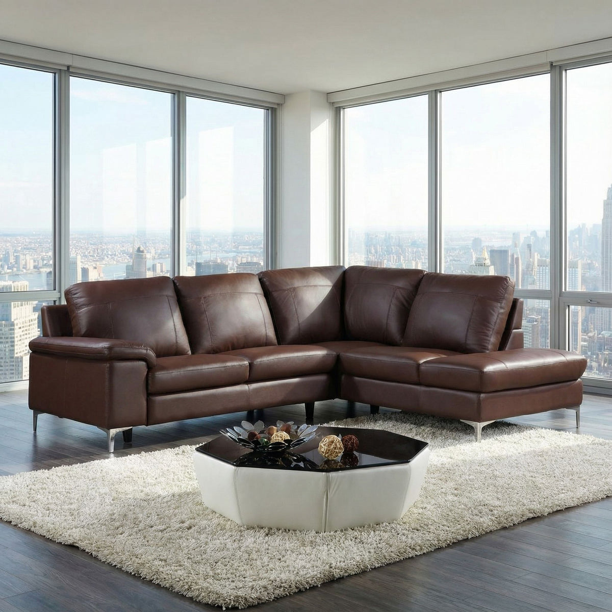 Cortesi Home Contemporary Houston Genuine Leather Sectional Sofa with Right Side Facing Chaise Lounge, Brown 98"x80"