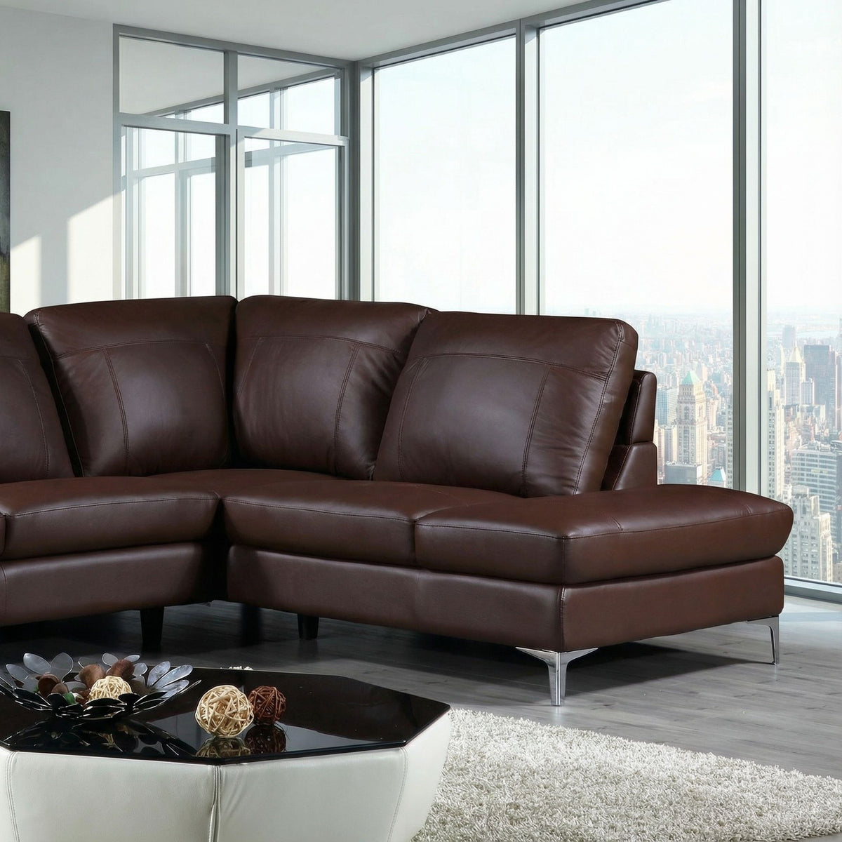 Cortesi Home Contemporary Houston Genuine Leather Sectional Sofa with Right Side Facing Chaise Lounge, Brown 98"x80"