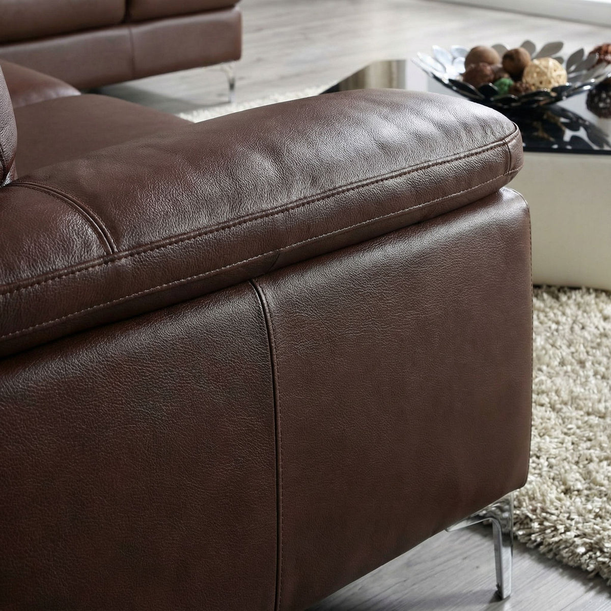Cortesi Home Contemporary Houston Genuine Leather Sectional Sofa with Right Side Facing Chaise Lounge, Brown 98"x80"