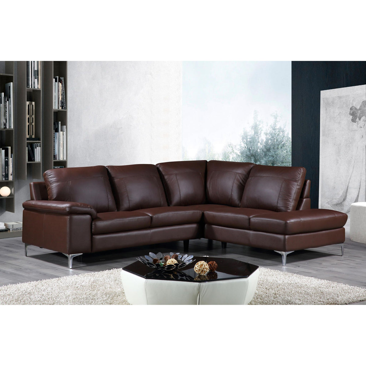 Cortesi Home Contemporary Houston Genuine Leather Sectional Sofa with Right Side Facing Chaise Lounge, Brown 98"x80"