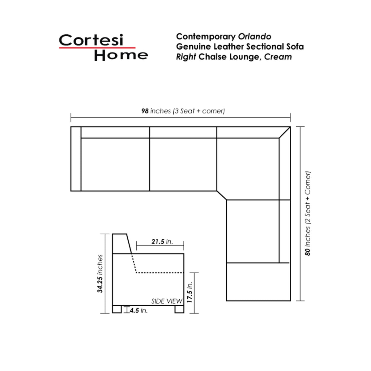 Cortesi Home Contemporary Orlando Genuine Leather Sectional Sofa with Right Side Facing Chaise Lounge, Off White 98&quot;x80&quot;