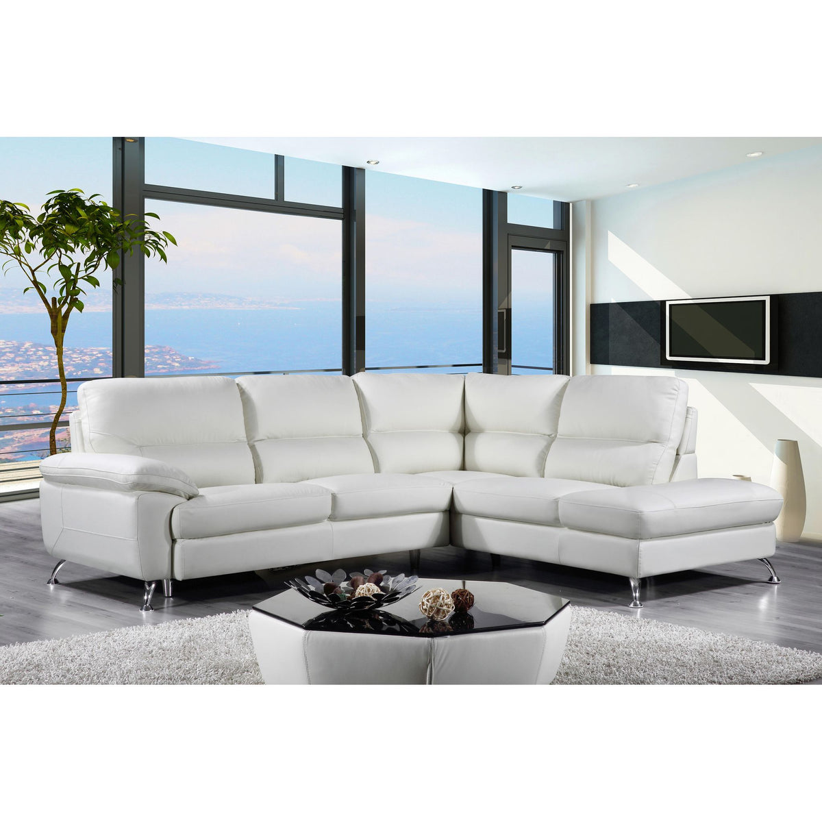 Cortesi Home Contemporary Orlando Genuine Leather Sectional Sofa with Right Side Facing Chaise Lounge, Off White 98&quot;x80&quot;