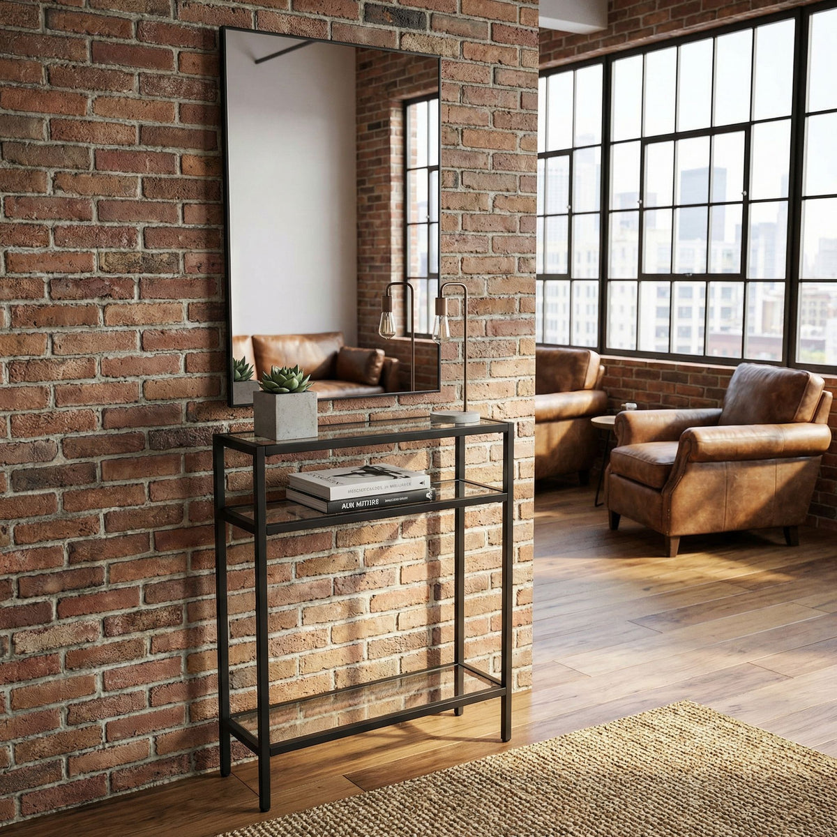 Cortesi Home Harris 2PC Console Table and Mirror Set, Matte Black Metal