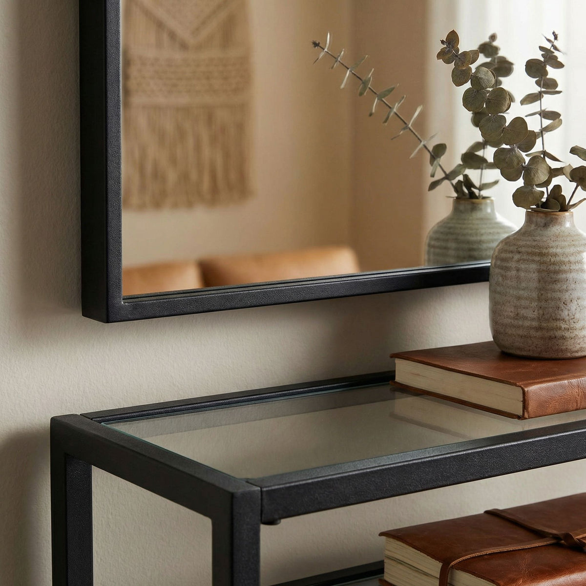 Cortesi Home Harris 2PC Console Table and Mirror Set, Matte Black Metal