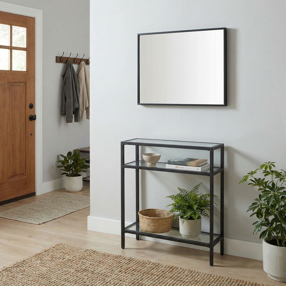 Cortesi Home Harris 2PC Console Table and Mirror Set, Matte Black Metal