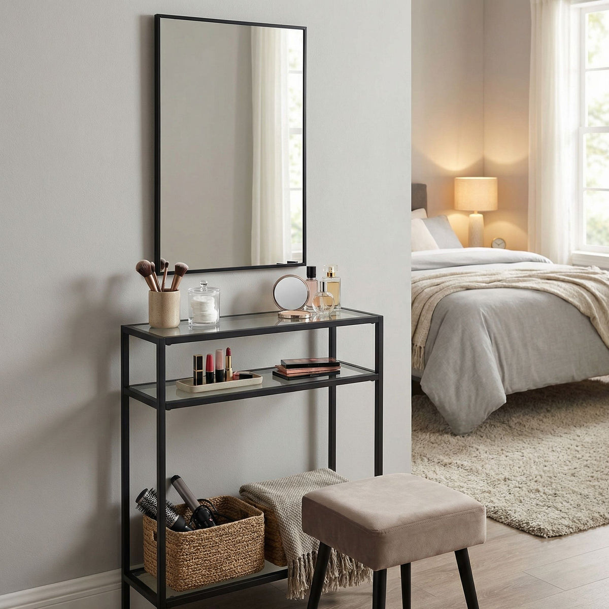 Cortesi Home Harris 2PC Console Table and Mirror Set, Matte Black Metal