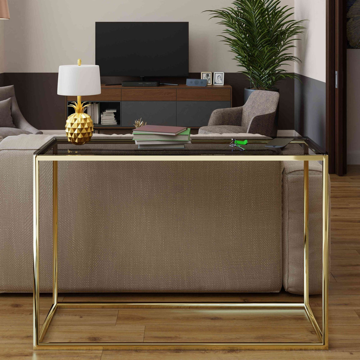 Cortesi Home Jul Console Table in Gold Stainless Steel and Smoked Glass, 47"