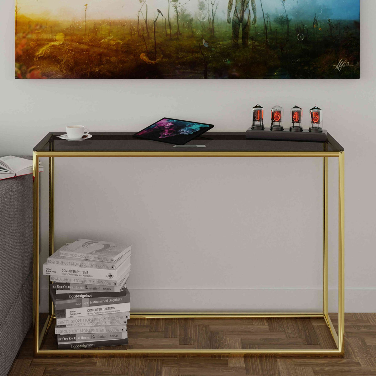 Cortesi Home Jul Console Table in Gold Stainless Steel and Smoked Glass, 47"