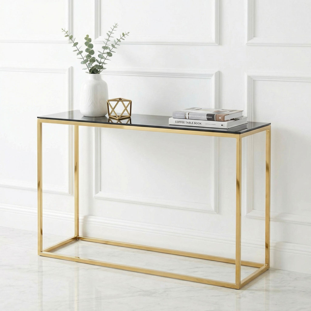 Cortesi Home Jul Console Table in Gold Stainless Steel and Smoked Glass, 47"