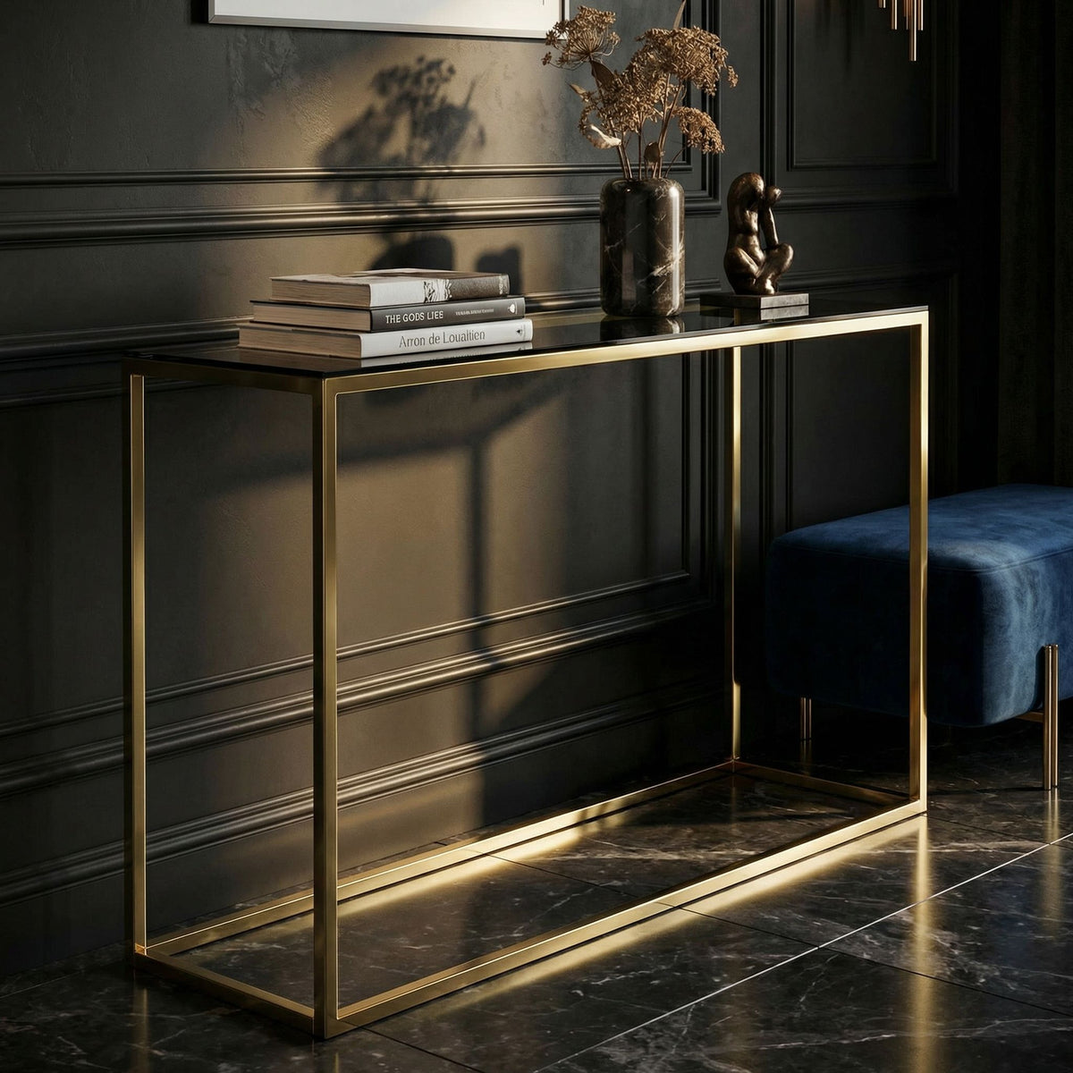 Cortesi Home Jul Console Table in Gold Stainless Steel and Smoked Glass, 47"