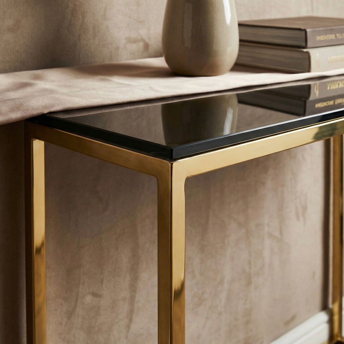 Cortesi Home Jul Console Table in Gold Stainless Steel and Smoked Glass, 47"
