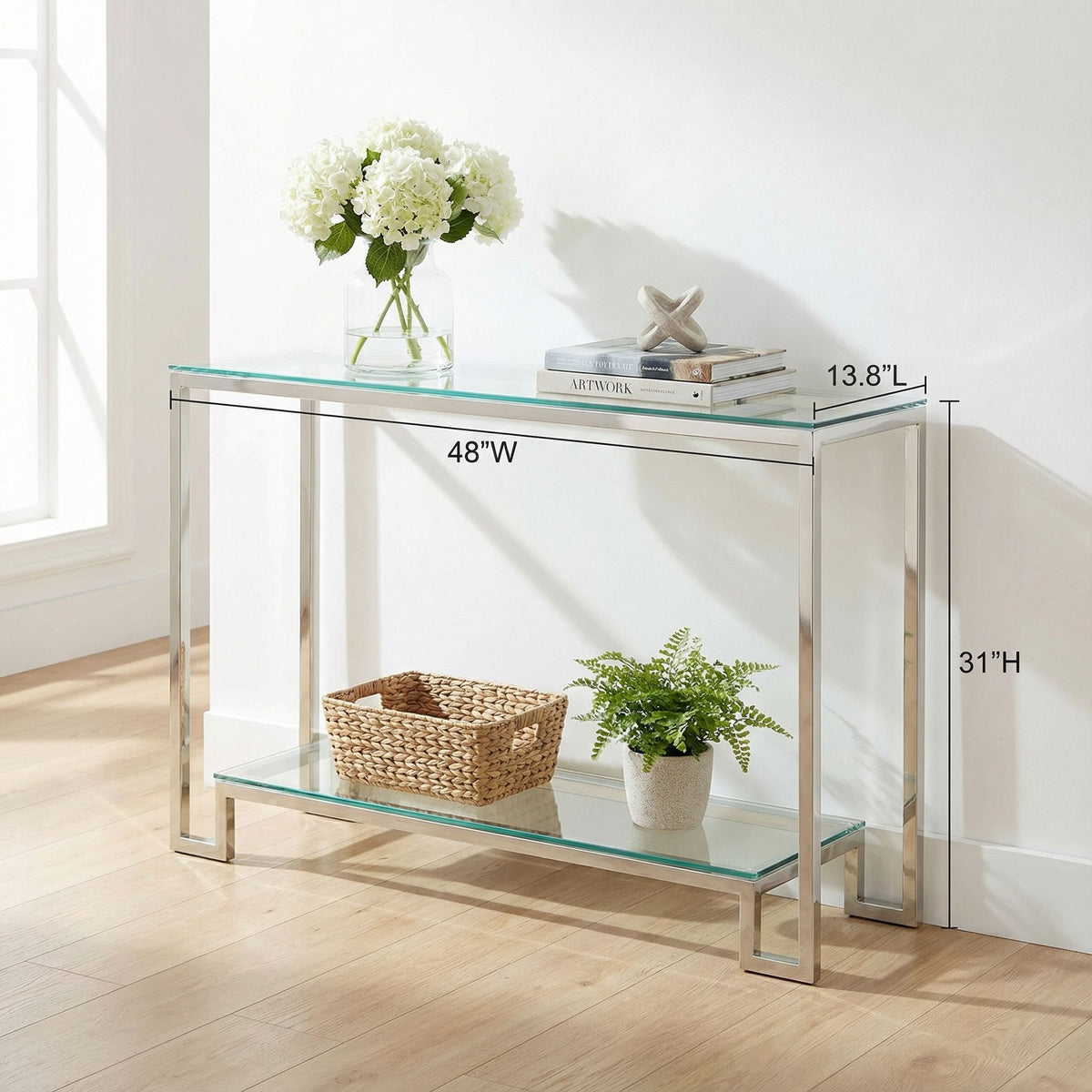 Cortesi Home Reef Contemporary 2 Shelf Glass Console Table in Stainless Steel Finish, Clear Glass