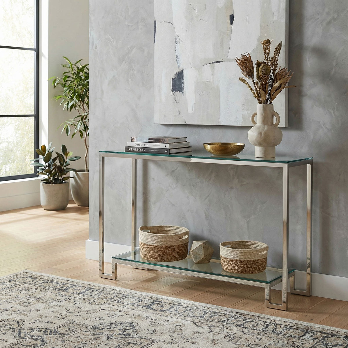 Cortesi Home Reef Contemporary 2 Shelf Glass Console Table in Stainless Steel Finish, Clear Glass