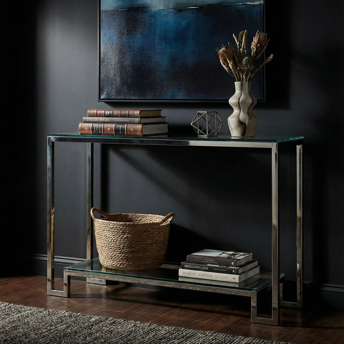 Cortesi Home Reef Contemporary 2 Shelf Glass Console Table in Stainless Steel Finish, Clear Glass