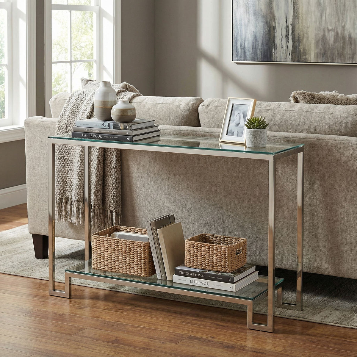 Cortesi Home Reef Contemporary 2 Shelf Glass Console Table in Stainless Steel Finish, Clear Glass