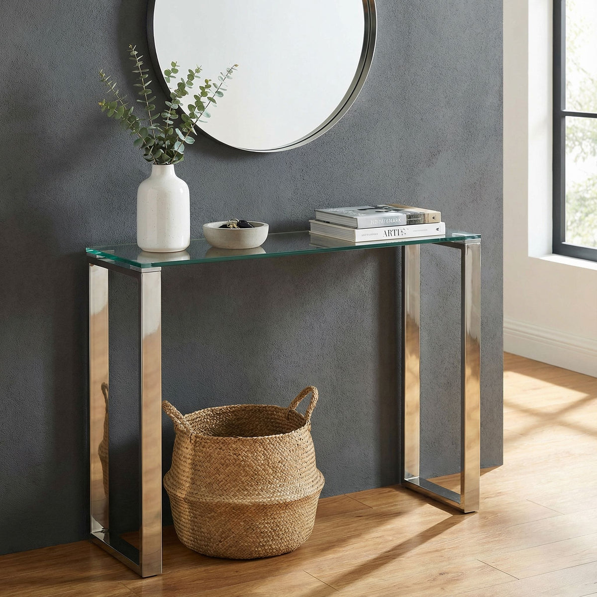 Cortesi Home Forli Small Entry Way Console Table Contemporary Glass and Stainless Steel Finish, 28" Wide