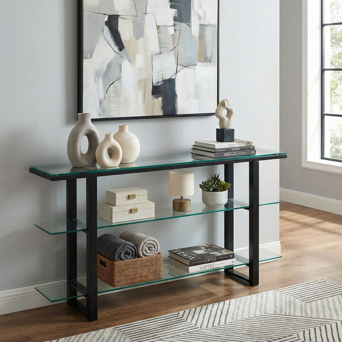 Cortesi Home Rozo Contemporary Three Tier Glass Console Table with Black Metal Frame