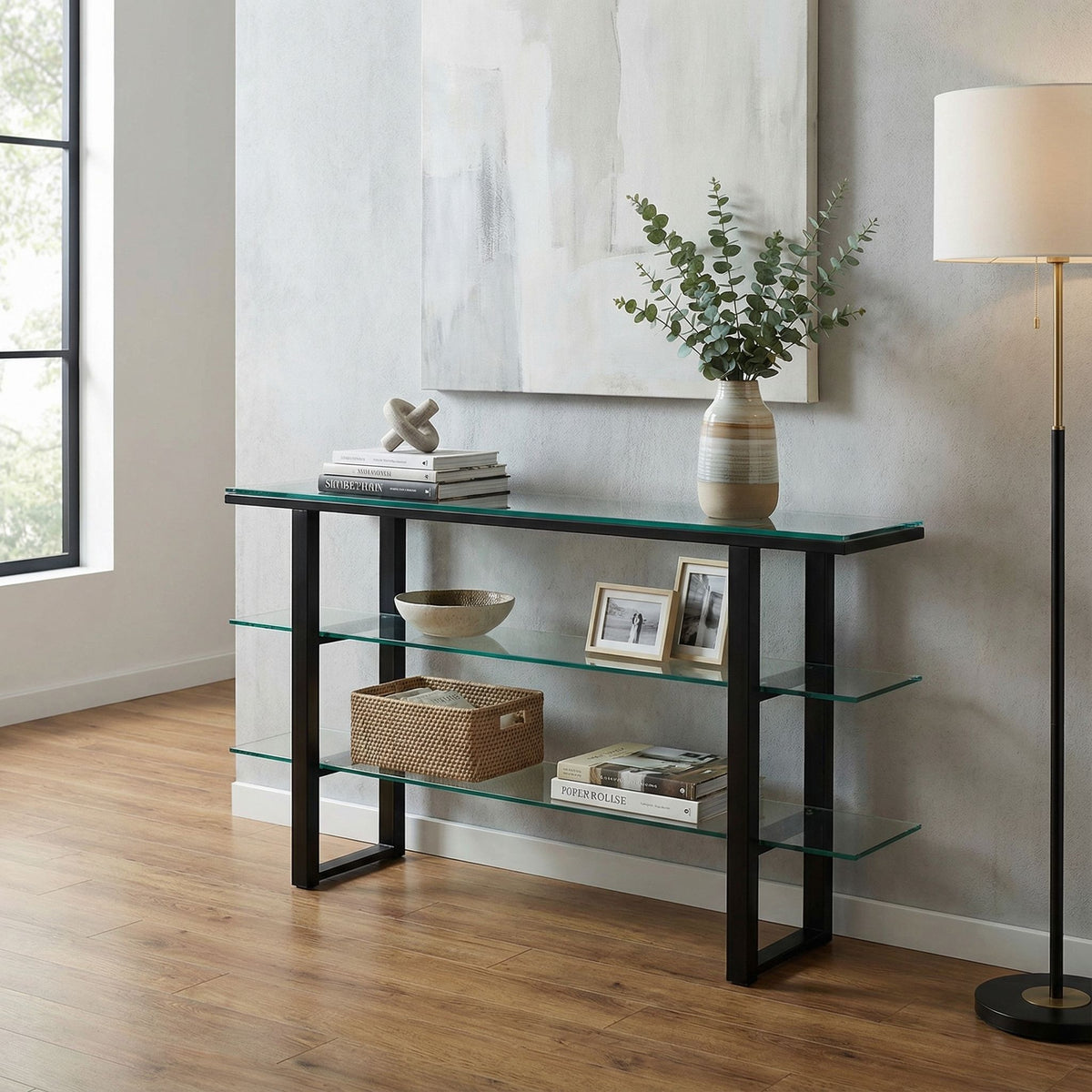 Cortesi Home Rozo Contemporary Three Tier Glass Console Table with Black Metal Frame