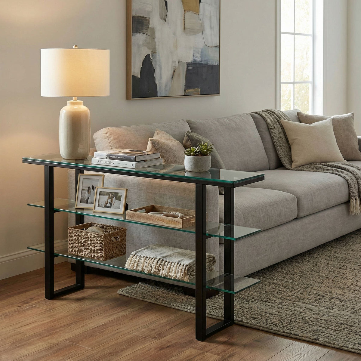 Cortesi Home Rozo Contemporary Three Tier Glass Console Table with Black Metal Frame