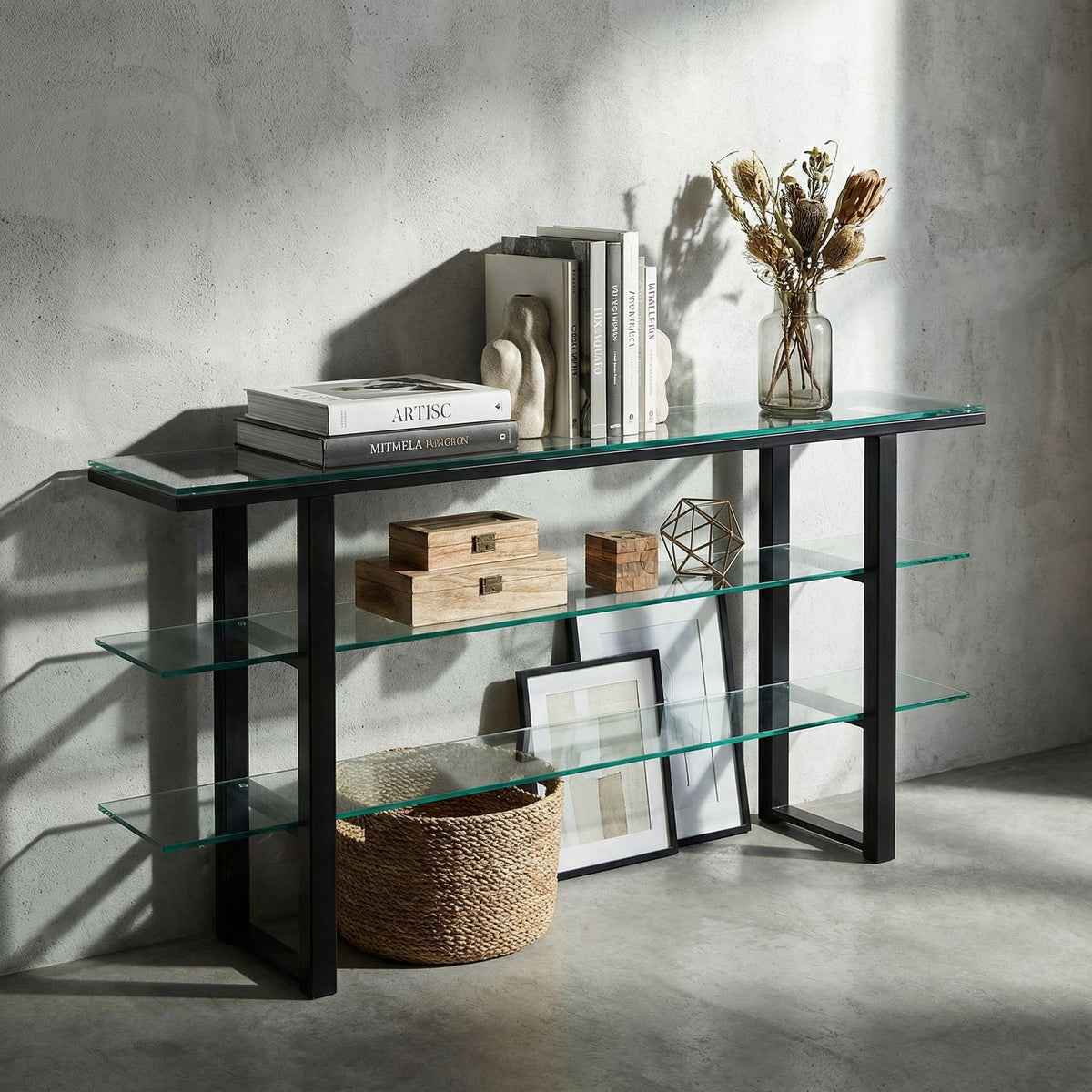 Cortesi Home Rozo Contemporary Three Tier Glass Console Table with Black Metal Frame