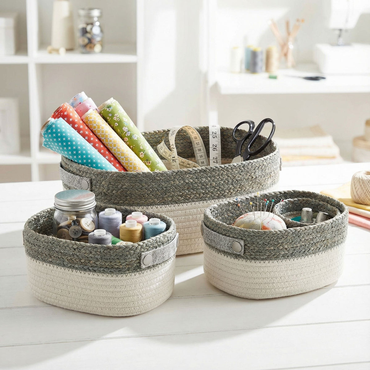 Cortesi Home Grace 3-Piece Cotton Rope Storage Basket Set, White and Gray