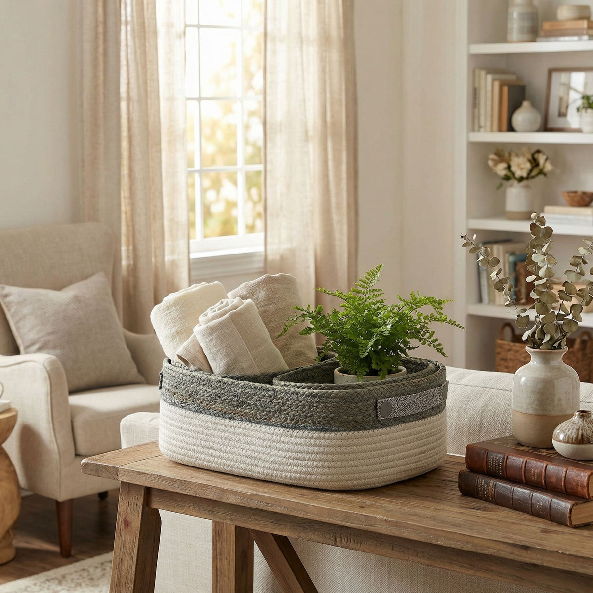 Cortesi Home Grace 3-Piece Cotton Rope Storage Basket Set, White and Gray