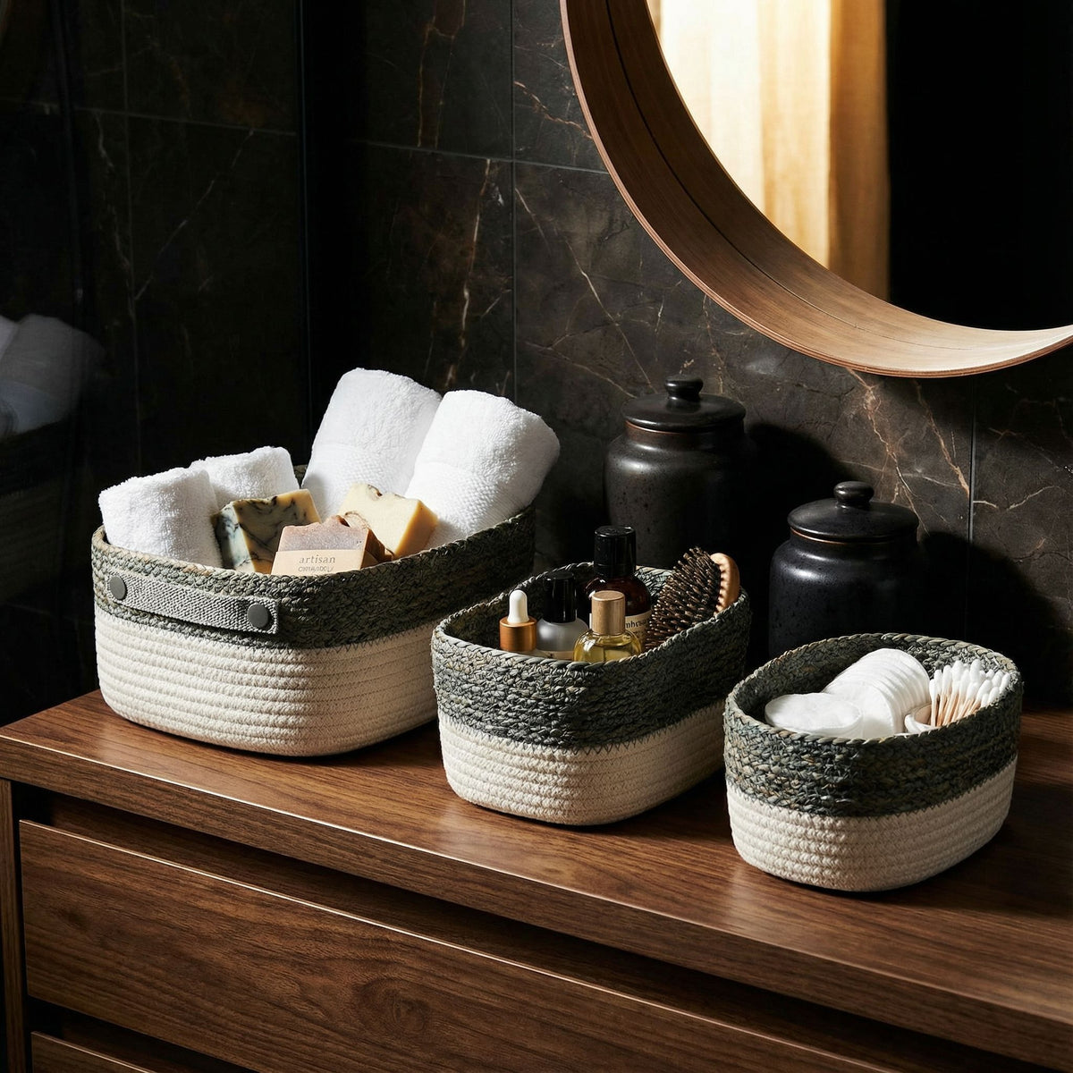Cortesi Home Grace 3-Piece Cotton Rope Storage Basket Set, White and Gray