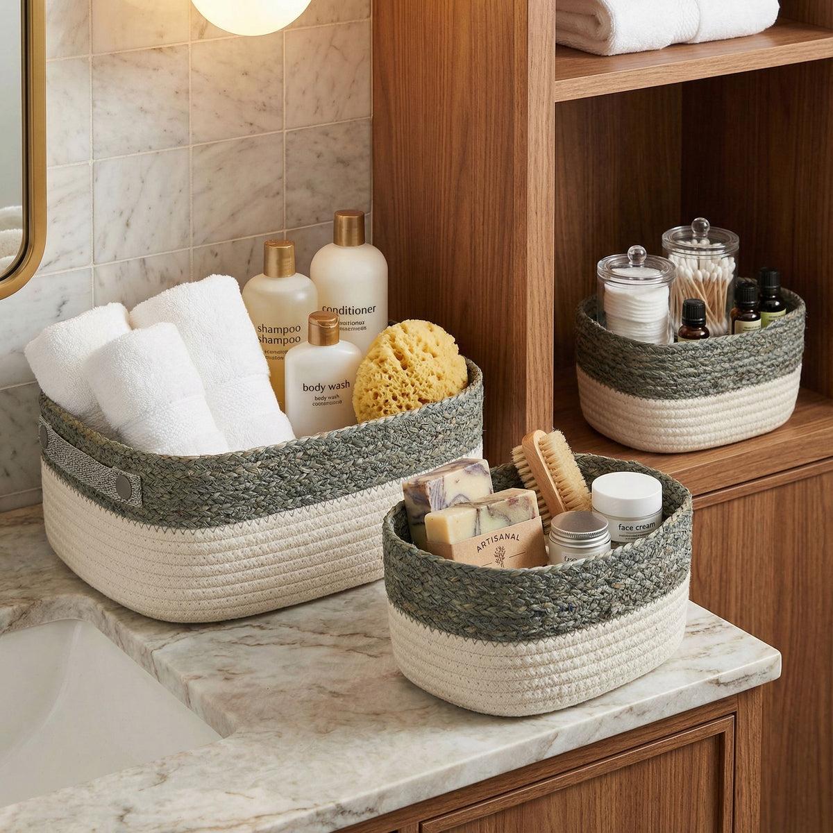 Cortesi Home Grace 3-Piece Cotton Rope Storage Basket Set, White and Gray