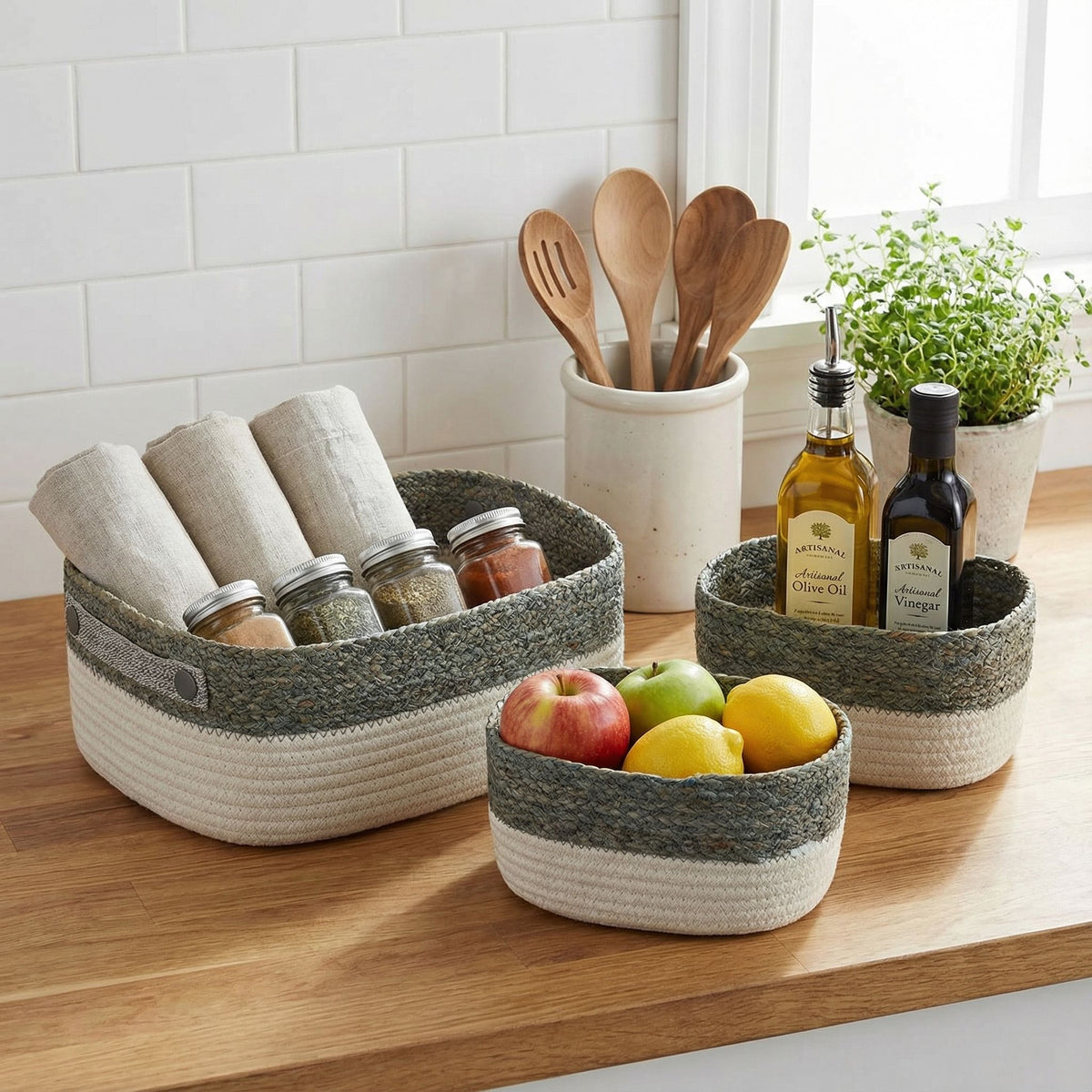 Cortesi Home Grace 3-Piece Cotton Rope Storage Basket Set, White and Gray