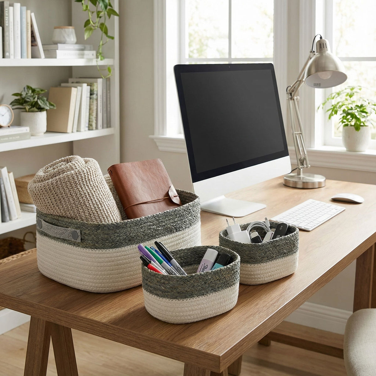 Cortesi Home Grace 3-Piece Cotton Rope Storage Basket Set, White and Gray