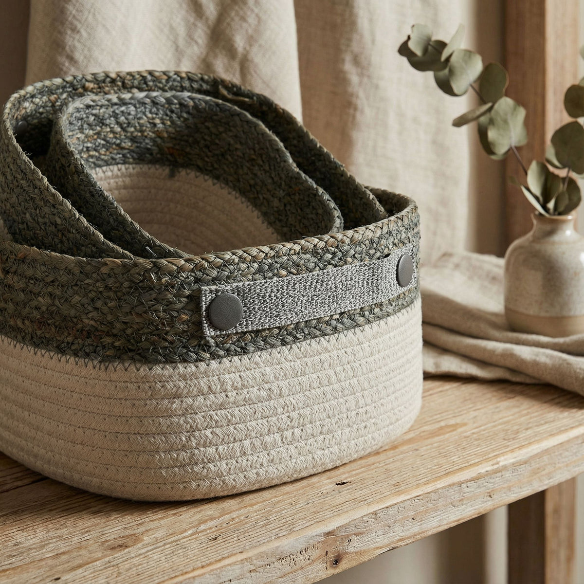 Cortesi Home Grace 3-Piece Cotton Rope Storage Basket Set, White and Gray