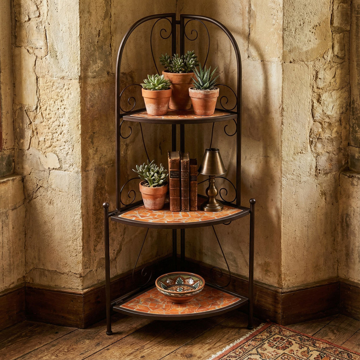 Cortesi Home Zook Mosaic Corner Shelf, Brown Metal, Terracotta Tile Inlay