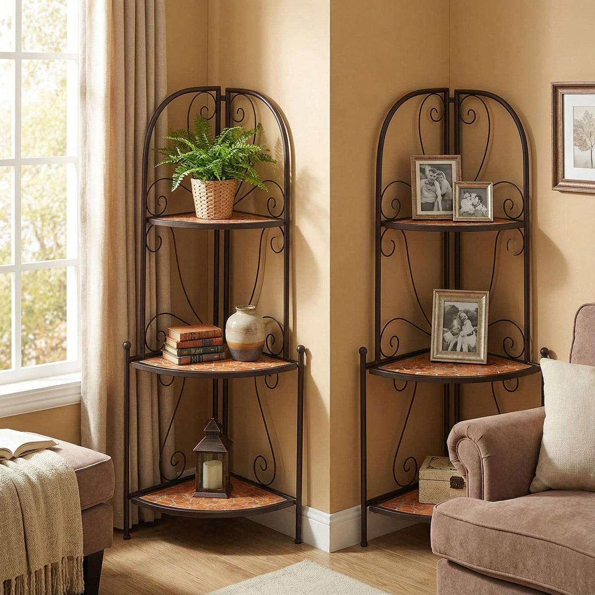 Cortesi Home Zook Mosaic Corner Shelf, Brown Metal, Terracotta Tile Inlay