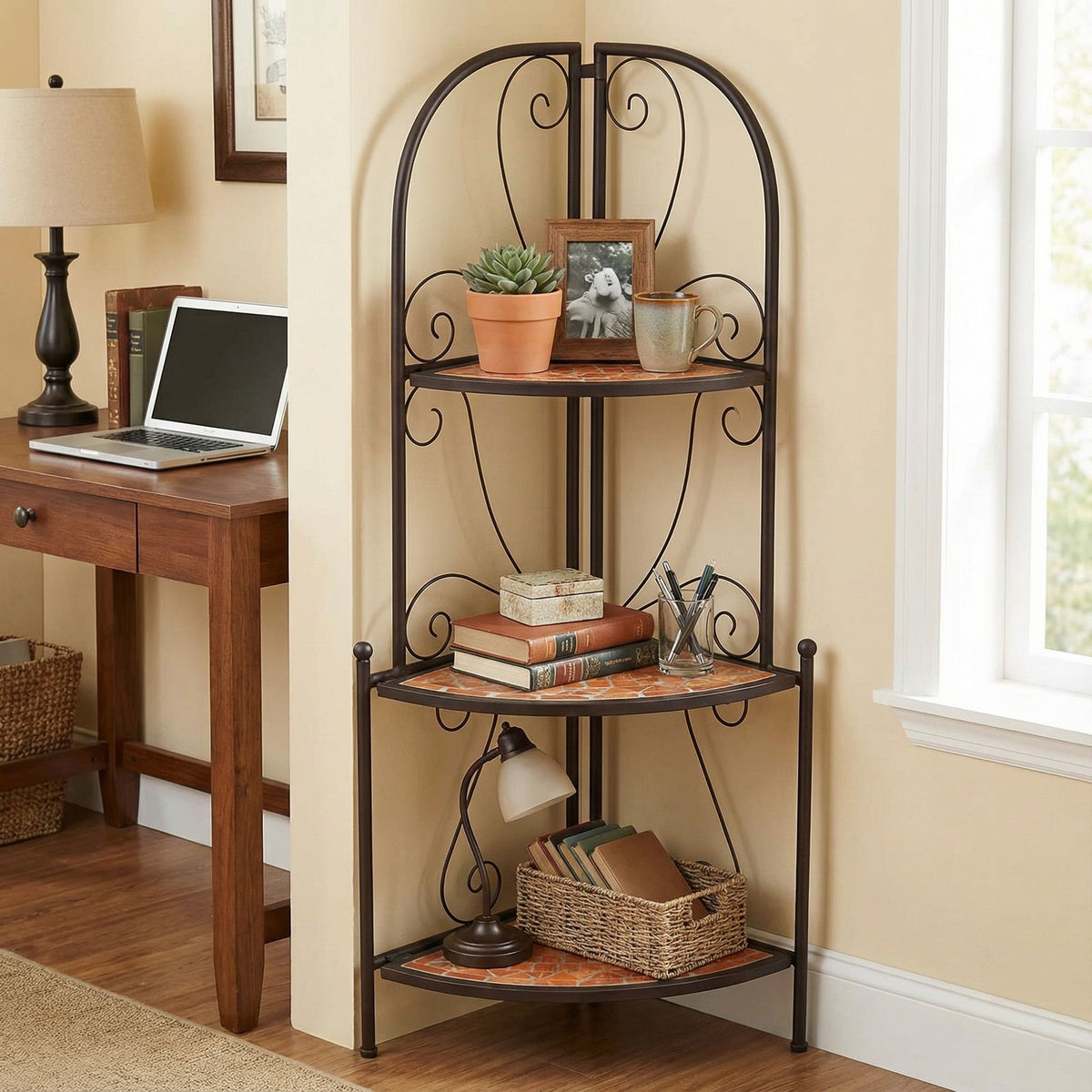 Cortesi Home Zook Mosaic Corner Shelf, Brown Metal, Terracotta Tile Inlay