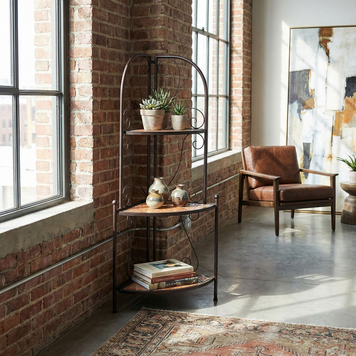 Cortesi Home Zook Mosaic Corner Shelf, Brown Metal, Terracotta Tile Inlay